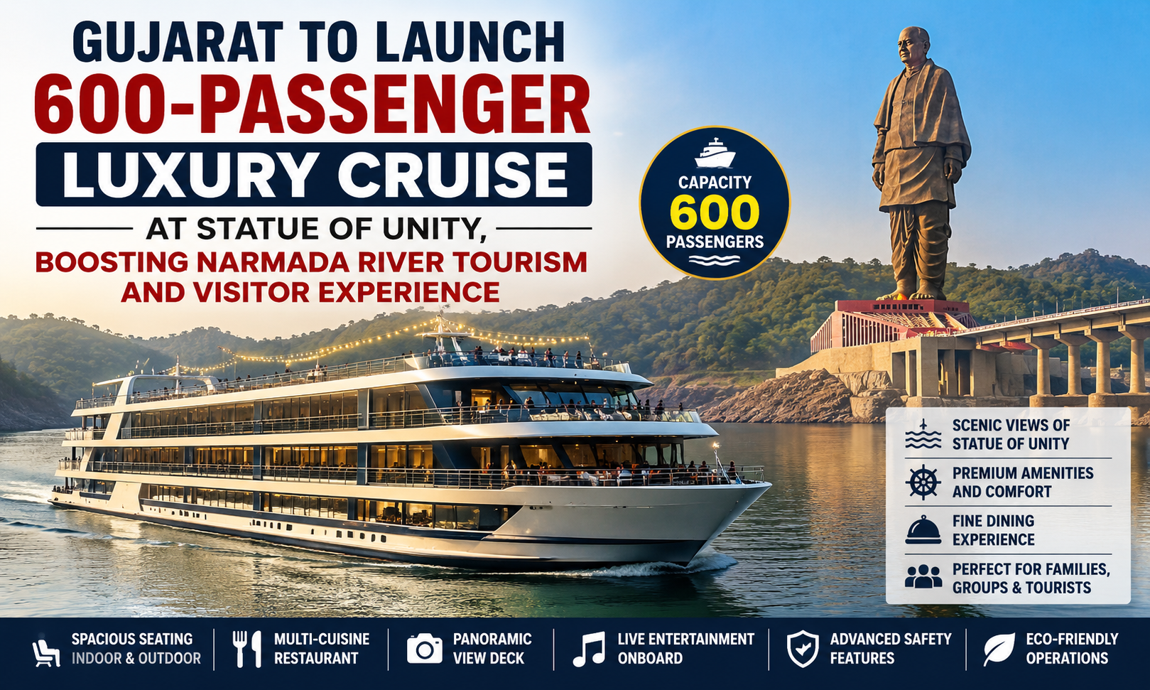 Gujarat to Launch 600-Passenger Luxury Cruise at Statue of Unity, Boosting Narmada River Tourism and Visitor Experience