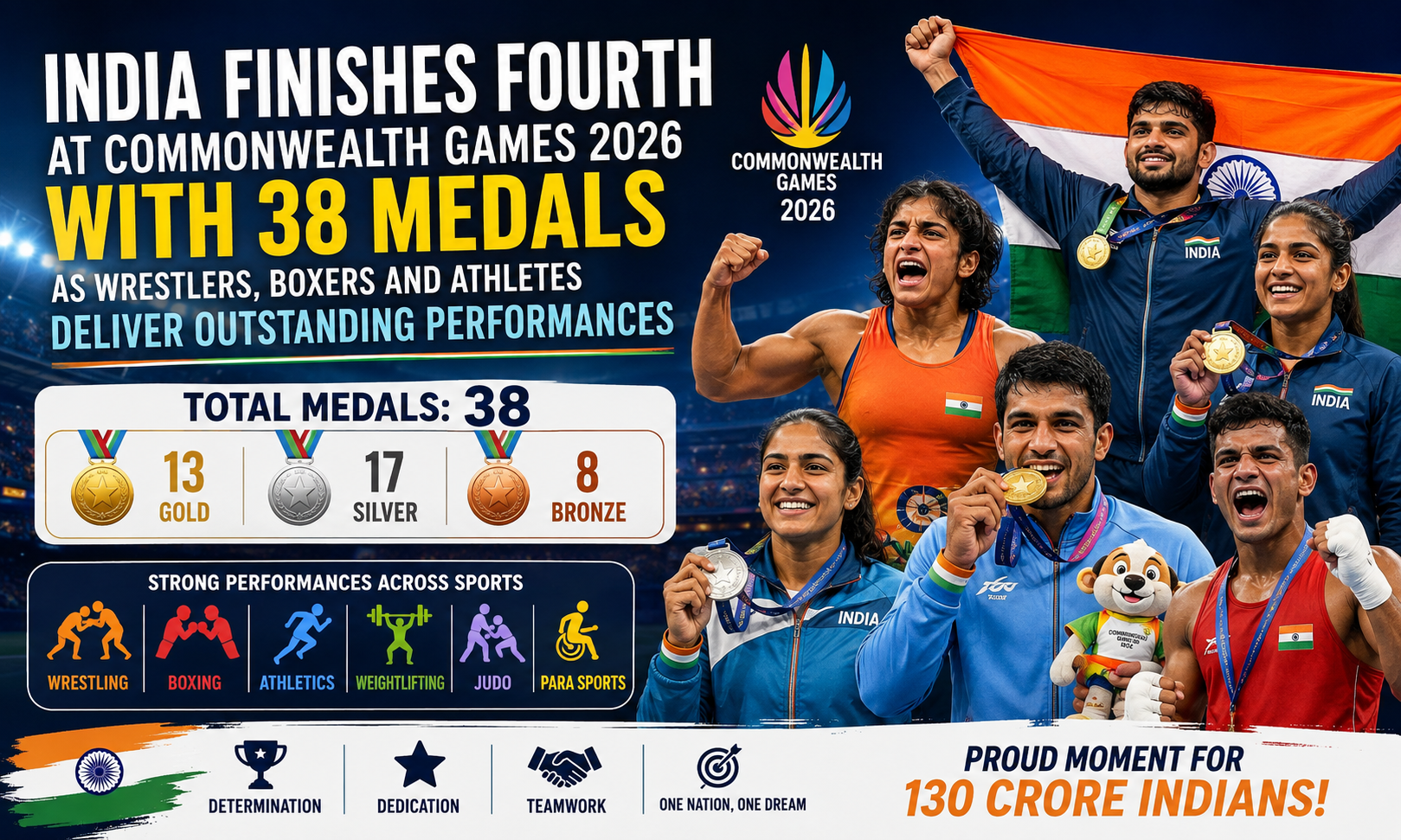 India Finishes Fourth at Commonwealth Games 2026 with 38 Medals as Wrestlers, Boxers and Athletes Deliver Outstanding Performances
